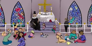 grafik af børn og præst i en kirke
